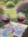 Title: Two glasses of wine on napkins with watercolor stains on table in the garden. Watercolor illustration. AI generated
