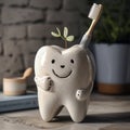 Stoneware cartoon tooth holding a toothbrush