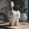 Stoneware cartoon tooth holding a toothbrush