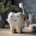 Stoneware cartoon tooth holding a toothbrush