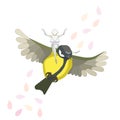 Titmouse and Little Origami Man flying with petals on white isolated background, vector illustration to make prints, labels, part