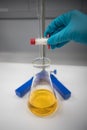 Titration of a solution using an orange indicator. Chemist in a pharmaceutical laboratory Royalty Free Stock Photo