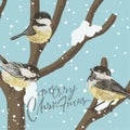 Funny Tits and bird feeder on winter tree under the snowfall. Vector Christmas card. For Christmas decoration, posters, banners,