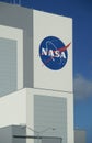 Detail photo of the NASA logo at the Vehicle Assembly Building