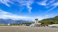 Tivat airport with aiplanes and mountains