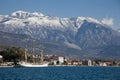 Tivat bay with sailboat and hill Royalty Free Stock Photo