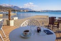 View of Kotor Bay near Tivat city. Morning coffee. Montenegro Royalty Free Stock Photo