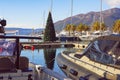 Christmas Tree in yacht marina. View of Porto Montenegro Marina in Tivat city, Montenegro Royalty Free Stock Photo