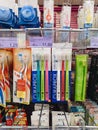 Tivat, Montenegro - 29 july 2020: CURAPROX toothbrushes hang in a shop window in a supermarket. Royalty Free Stock Photo