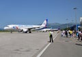 Tivat, Montenegro - June 8. 2019. Ural airline plane on the take-off field to international airport. Airbus a320 Royalty Free Stock Photo