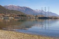 Tivat city, Montenegro - March 12, 2020: Coast of Kotor Bay. Marina Porto Montenegro with sailing yacht Black Pearl