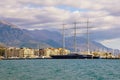 Montenegro. View of the Bay of Kotor near the city of Tivat and sailing yacht Black Pearl