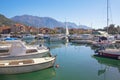 Fishing boats in harbor. Montenegro, view of Tivat city and Marina Kalimanj Royalty Free Stock Photo