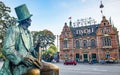 Tivoli Garden amusement park and Hans Christian Andersen sculpture in central Copenhagen