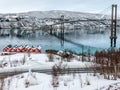 Tjeldsund Bridge and rorbuer in winter, Norway