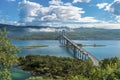 The Tjeldsund Bridge through Tjeldsundet strait viewed from Hinnoya Island, the mainland of Norwegian Troms county is at