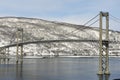 The Tjeldsund suspension road Bridge in winter crossing the Tjeldsundet strait, Troms county, Norway.