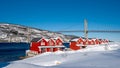 Tjeldsundbrua bridge landscape in winter time, Rorbuer touristic house