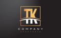 TK T K Golden Letter Logo Design with Gold Square and Swoosh.