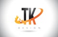 TK T K Letter Logo with Fire Flames Design and Orange Swoosh.