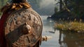 A Tlingit warrior carries a shield adorned with intricate carvings displaying the artistic talents and craftsmanship of