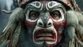 A Tlingit warrior wears a mask representing a powerful spirit instilling fear and respect in his opponents