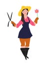 Gardener. Lovely girl in boots, blue apron, straw hat. Character people vector illustration.