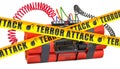 TNT bomb explosive with digital countdown timer clock and danger caution barrier tapes, 3D rendering