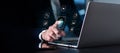 To access a private system. Biometric fingerprint scanning provides safe access to a secured data network. On a laptop computer, a