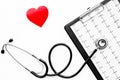 To diagnose heart disease. Heart sign, cardiogram, stethoscope on white background top view
