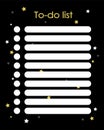 To-do list on a black background with stars, lines for writing and circles for progress marks
