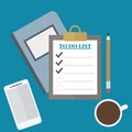 TO Do LIST, coffee, smartphone, notebook and pencil. Flat vector illustration Royalty Free Stock Photo