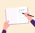 To do list concept. Hands on table writing memo checklist. Complete business plan vector concept