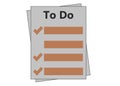 A to do list with grey papers and brown check tick marks white backdrop