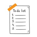 To do list. Hand drawn paper paper sheet is glued with tape. Memo list. Vector illustration isolated on white background