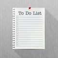 To Do List vector mockup. Sheet of paper with a pin hanging on a gray wooden wall. Empty blank. Wood texture with