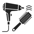 To dry hair black glyph icon. Hair styling items, dryer and hairbrush. Hairdresser services. Beauty industry. Pictogram for web