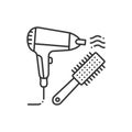 To dry hair black line icon. Hair styling items, dryer and hairbrush. Hairdresser services. Beauty industry. Pictogram for web