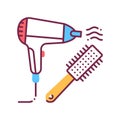 To dry hair color line icon. Hair styling items, dryer and hairbrush. Hairdresser services. Beauty industry. Pictogram for web