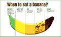 When to eat a banana. Banana ripeness table. Characteristics of unripe, ripe and overripe bananas