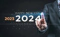 2023 to 2024: Embracing Change, Technology, New Beginnings - Happy New Year Banner Design Concept.