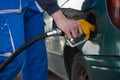 Man filling gasoline fuel in car holding nozzle Royalty Free Stock Photo