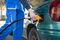 Man filling gasoline fuel in car holding nozzle Royalty Free Stock Photo