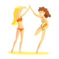 To Girl In Bikinis Giving High Five, Part Of Friends In Summer On The Beach Series Of Vector Illustrations
