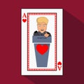 To give Donald Trump an interview a tribune, speak in the microphone, propaganda, hand up. Card ace heart. vector illustration