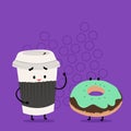 To Go Disposable Cup with Lid and Sleeve Beside Frosted Doughnut. Carry Out Coffee and Sweet Bun with Icing on Top