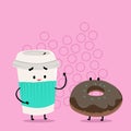 To Go Disposable Cup with Lid and Sleeve Beside Frosted Doughnut. Carry Out Coffee and Sweet Bun with Icing on Top