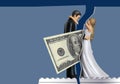 To illustrate how money issues can come between couples and cause divorce, a one hundred dollar bill comes between a bride and Royalty Free Stock Photo