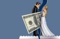 To illustrate how money issues can come between couples and cause divorce, a one hundred dollar bill comes between a bride and Royalty Free Stock Photo