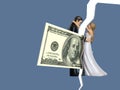 To illustrate how money issues can come between couples and cause divorce, a one hundred dollar bill comes between a bride and Royalty Free Stock Photo